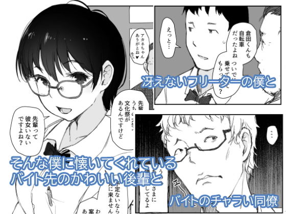 「ショートカットで眼鏡の似合う人懐こいバイトの後輩がヤリチン同僚の車で送られてから無断欠勤している」好きな女の子のハメ撮りを見せつけられる衝撃のBSS！ 冴えないフリーターの主人公・倉田と女子大生の後輩・茜。